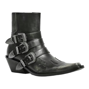 暗黑复古尖头西部牛仔靴男女骑士靴火焰机车靴雕花皮靴朋克巫师靴