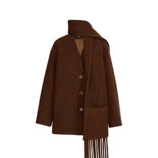 【商场同款】AUM噢姆2025年冬季新款针织呢羊毛可拆卸围巾大衣女