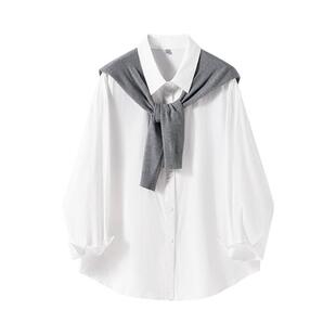班尼路披肩白色长袖衬衫女春季新款法式气质简约休闲POLO领衬衣N