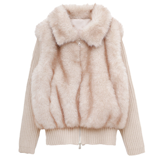 ohmyloli  复古奶茶色渐变毛尖拼接针织环保皮草翻领拉链外套