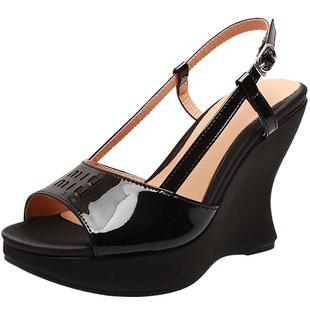 牛漆皮超高跟凉鞋女士外穿2025夏季新款小个子厚底鱼嘴时尚坡跟鞋