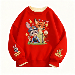 疯狂动物城儿童卡通印花卫衣朱迪尼克秋冬加绒保暖圆领长袖卫衣