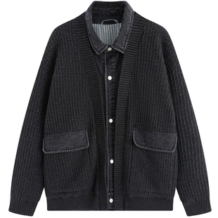 流石男装牛仔针织假两件多元拼接羽绒服2025年冬季男士设计外套潮