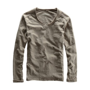 竹节棉圆领长袖T恤男士纯棉秋衣打底衫宽松纯色日系休闲体恤上衣