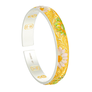 九乐足银999银手镯女珐琅向日葵描金吉言手镯国风纯银首饰送女友