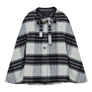 【年终清仓】DM100大码女装秋冬时尚撞色格纹系带毛呢斗篷外套