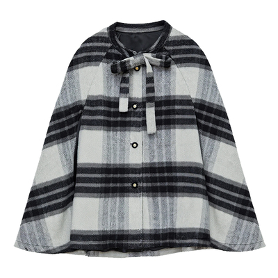 【年终清仓】DM100大码女装秋冬时尚撞色格纹系带毛呢斗篷外套