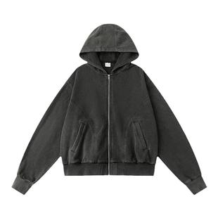 【清仓】UNRETRO 美式复古重磅砂洗做旧连帽卫衣女短款开衫外套