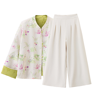2026年春季新款女装时尚气质新中式两件套植物花卉透气宽松型套裤