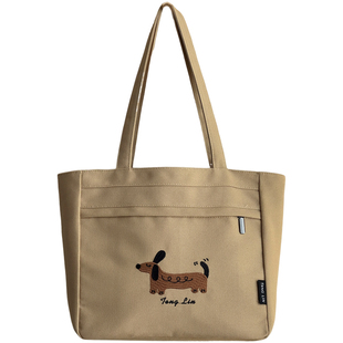 原创设计韩版文艺腊肠狗刺绣手提单肩帆布休闲时尚百搭学生托特包