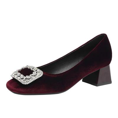 法式复古绒面红色单鞋女高跟婚鞋