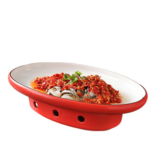 哑光红旦形陶瓷蜡烛加热餐厅酒店会所鱼盘16寸剁椒鱼头盘干锅明炉