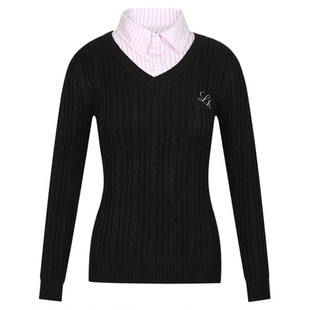 LK STORE LKOD2025条纹衬衣领lk字母毛衣v领假两件长袖针织修身女