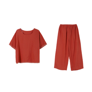 朵朵可可2026春夏精致花边本命年棉麻睡衣女短袖八分裤家居服套装