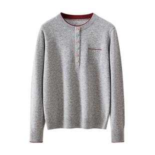 春竹100%绵羊毛秋冬新款圆领口袋彩扣文艺风厚款保暖洋气女羊毛衫