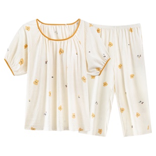 夏季云朵棉短袖睡衣套装女士七分裤自带胸垫一体家居服可爱可外穿