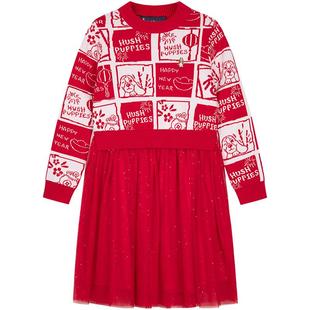 暇步士童装女童连衣裙秋冬新款中大童甜美新年裙装儿童可爱公主裙