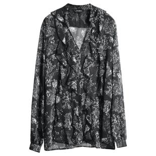 COCOBELLA立体荷叶领印花衬衫V领通勤休闲度假雪纺衫上衣SR3039B