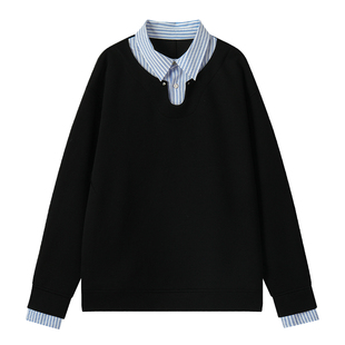 迈特优美式复古假两件衬衫领长袖卫衣男女春季新款简约高级感上衣