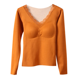 深V领蕾丝甜美保暖内衣女带胸垫一体式加绒加厚秋冬内搭秋衣上衣