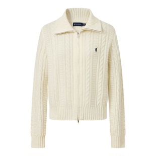 【100%绵羊毛】POLOWALK女式羊毛衫2025冬季新品翻领绞花拉链开衫