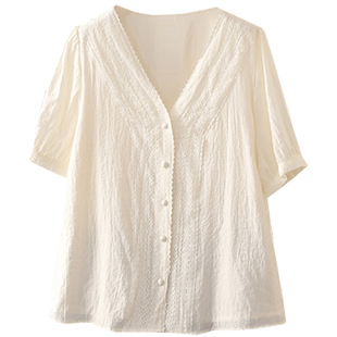 夏季大码200斤法式度假风简约优雅衬衫女微胖MM温柔清爽纯棉小衫