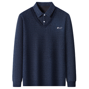 鹿竹中老年人爸爸冬装假两件毛衣加绒加厚新款中年男士保暖打底衫