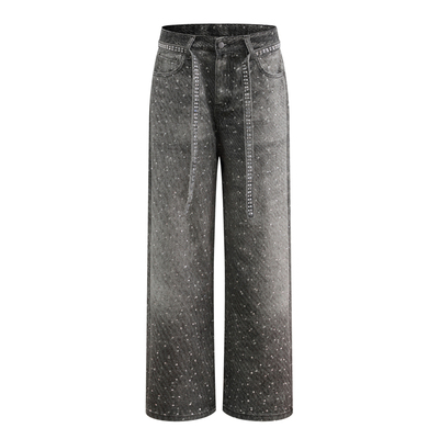 DESIGNSECRETS 25FW满钻水钻宽松直筒牛仔裤男潮牌飘绳腰带阔腿裤