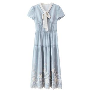 【清仓秒杀】夏法式气质茶歇裙子小众别致刺绣设计感蓝色连衣裙女