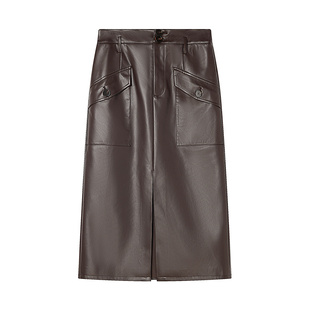 Goodland美地【易打理】pu皮直筒半身裙皮裙长款开衩LC34350120