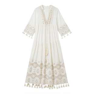 Casual V collar fringe patchwork dress 休闲V领流苏拼接连衣裙