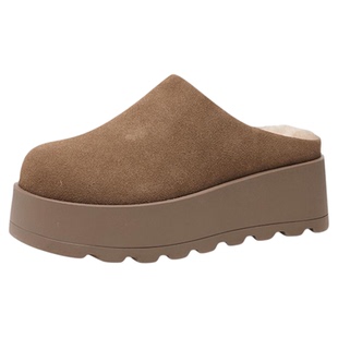 星期六包头勃肯鞋女款冬季居家加绒保暖真皮棉鞋小个子厚底穆勒拖