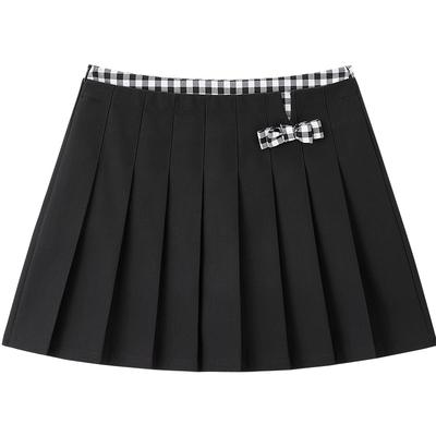 乐町格纹撞色百褶裙女装春季新款学院风半身裙蝴蝶结装饰A字短裙+