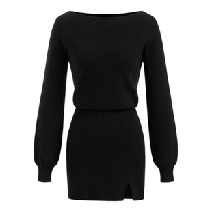 CIDER春秋女装针织船领长袖开衩迷你连衣裙114860884