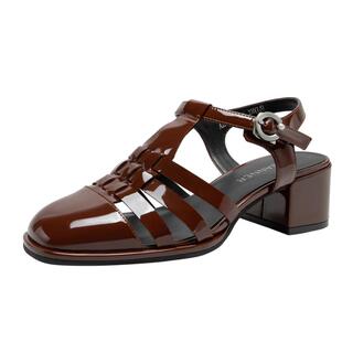 千百度女鞋夏季新款罗马凉鞋时尚漆皮后空凉鞋真皮中跟猪笼鞋