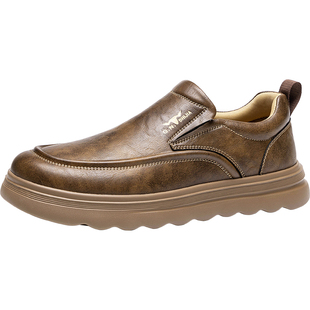 公牛世家休闲皮鞋男款冬季厚底英伦复古板鞋男士一脚蹬懒人乐福鞋