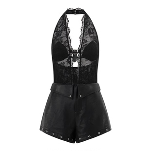 uhot/诱货黑色性感蕾丝拼接挂脖连体短裤露肩设计感穿搭UWWA3L602