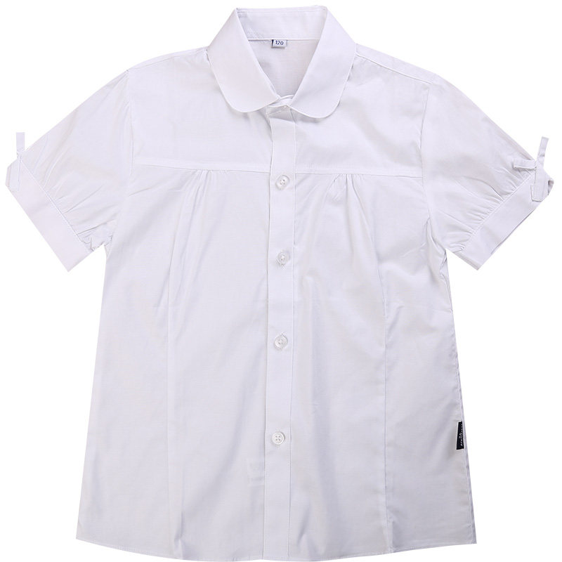 儿童白衬衫短袖夏装女童校服中小学生衬衣纯色蝴蝶结女生纯棉上衣