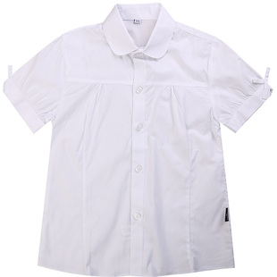 儿童白衬衫短袖夏装女童校服中小学生衬衣纯色蝴蝶结女生纯棉上衣