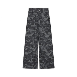 特大码女装美式迷彩牛仔裤女2026新款胖mm设计感辣妹工装直筒裤子