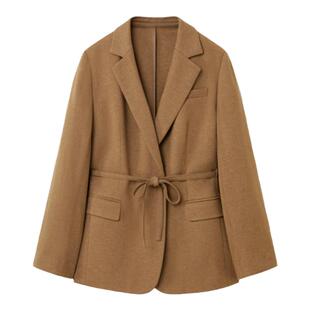 OVV秋冬热卖女装平驳领针织羊毛随附腰带休闲西服外套