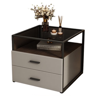 现代简约方形实木边柜钢化玻璃正方型小茶几客厅沙发方边几收纳柜