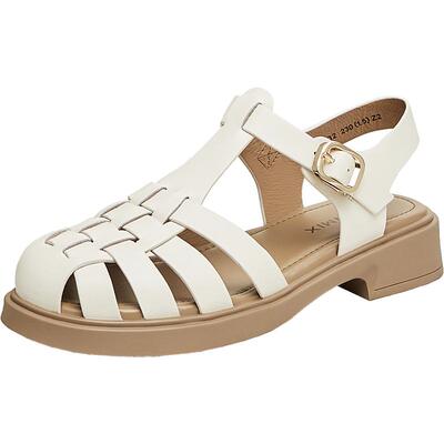 天美意复古编织镂空包头新愿罗马凉鞋猪笼鞋女厚底休闲凉鞋夏新款