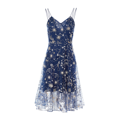 flonaked设计师深蓝绣花吊带裙