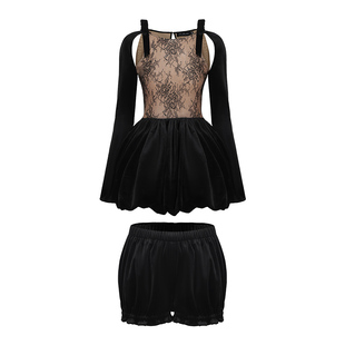 [甄选3折]NanaJacqueline连衣裙气质插肩袖蝴蝶结蕾丝拼接蓬蓬裙