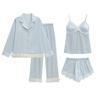 乐姿梦睡衣女冰丝春夏季蕾丝吊带短裤四件套精致带胸垫家居服套装
