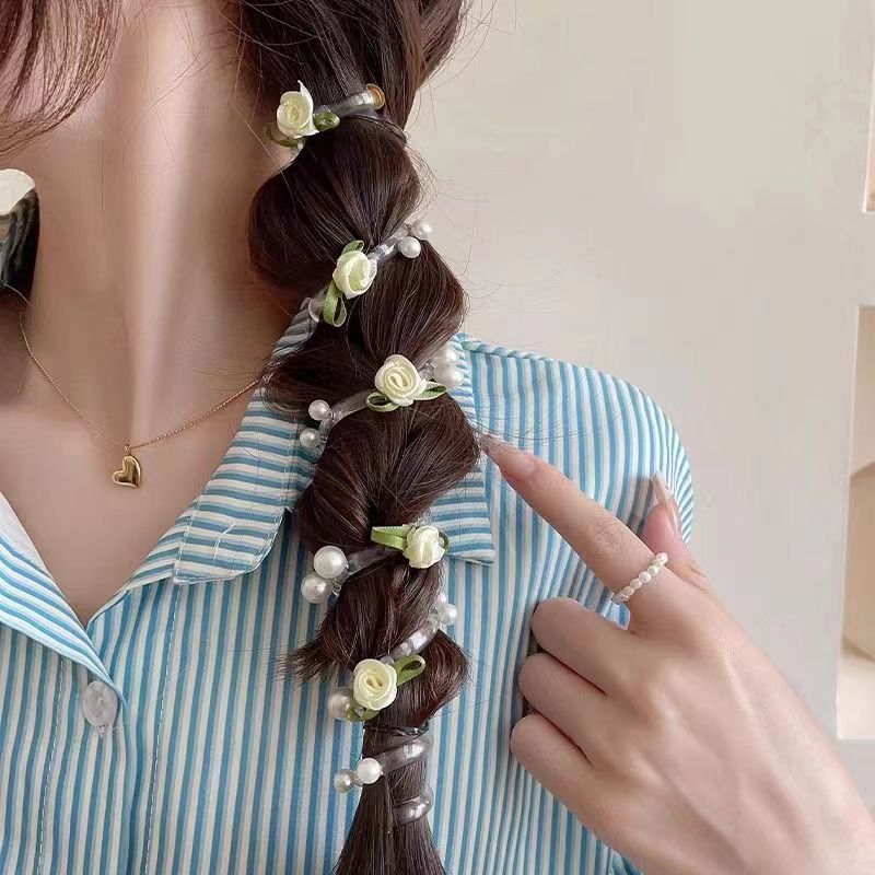 玫瑰珍珠电话线发圈花朵头绳 2026 新款女士编发扎头发饰品