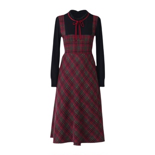 绮娑冬装新款法式针织收腰A字长裙假两件显瘦胖MM大码格子连衣裙