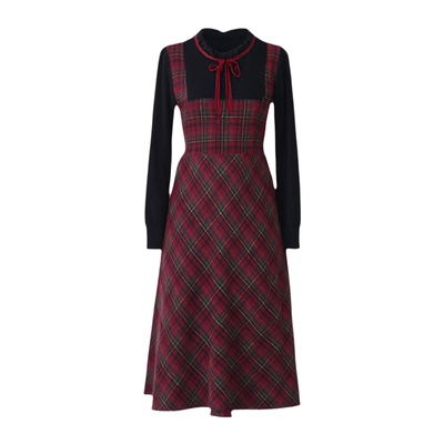 绮娑冬装新款法式针织收腰A字长裙假两件显瘦胖MM大码格子连衣裙