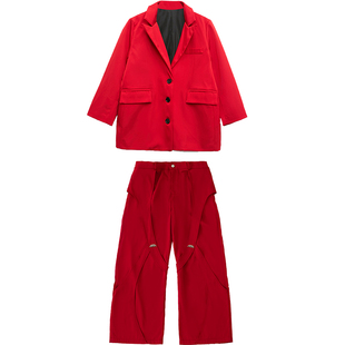 街头风儿童嘻哈红色套装演出服男童酷帅潮牌HIPHOP街舞元旦表演服